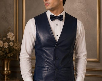 Chaleco de cuero azul marino, chaleco formal de boda de corte ajustado, ropa de noche clásica