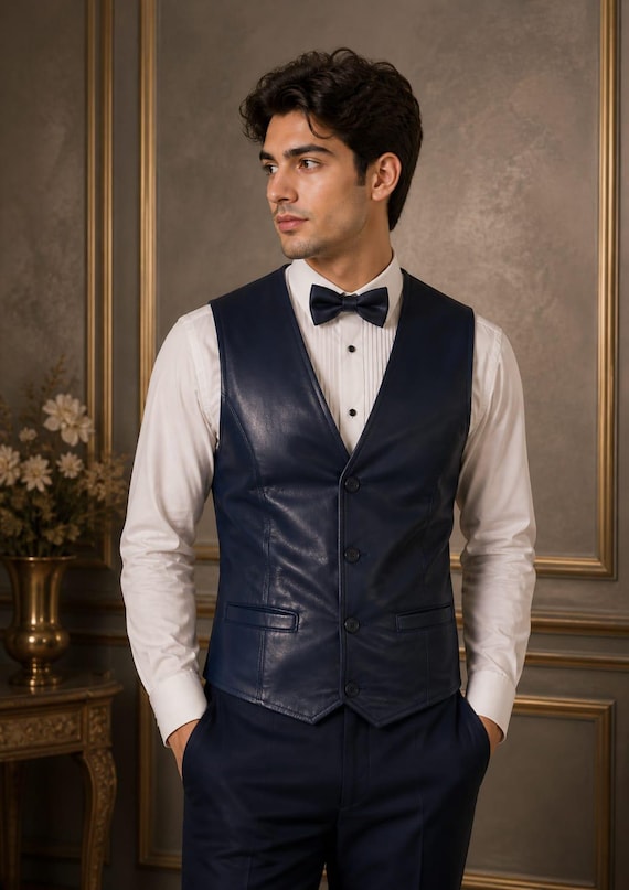 Navy Blue Leather Waistcoat, Slim Fit Formal Wedding Vest, Classic Evening Wear