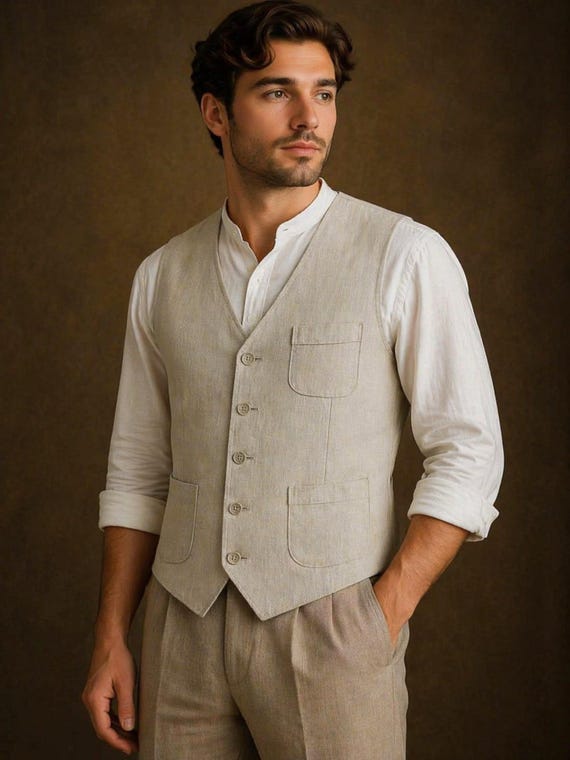 Beige Linen Waistcoat, Vintage Style Men's Vest, Rustic Wedding Gilet