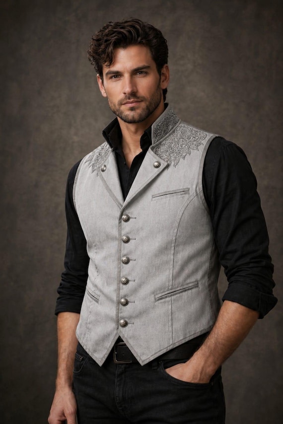 Light Grey Embroidered Men's Waistcoat – Slim Fit Formal Wedding Vest