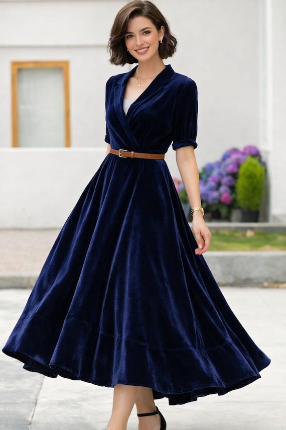 Vintage Velvet Midi Dress, A-Line Wrap, Elegant Party Evening Dress