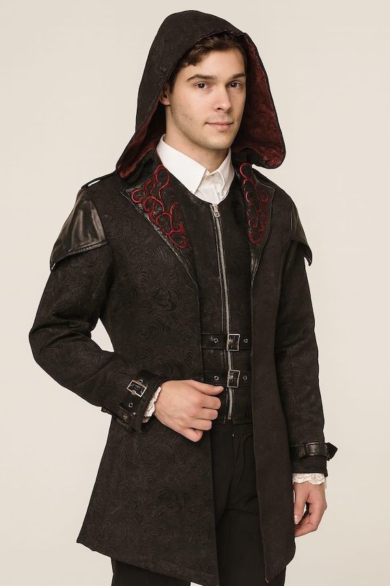 Men’s Gothic Hooded Coat , Medieval Assassin Jacket with Embroidery , Steampunk Fantasy Costume Coat , Renaissance Fair Outfit , CBM