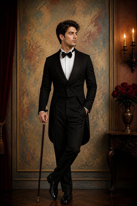Men's Black Tailcoat Tuxedo Suit, Victorian Formal Slim Fit Wedding Groom Prom Gala Outfit