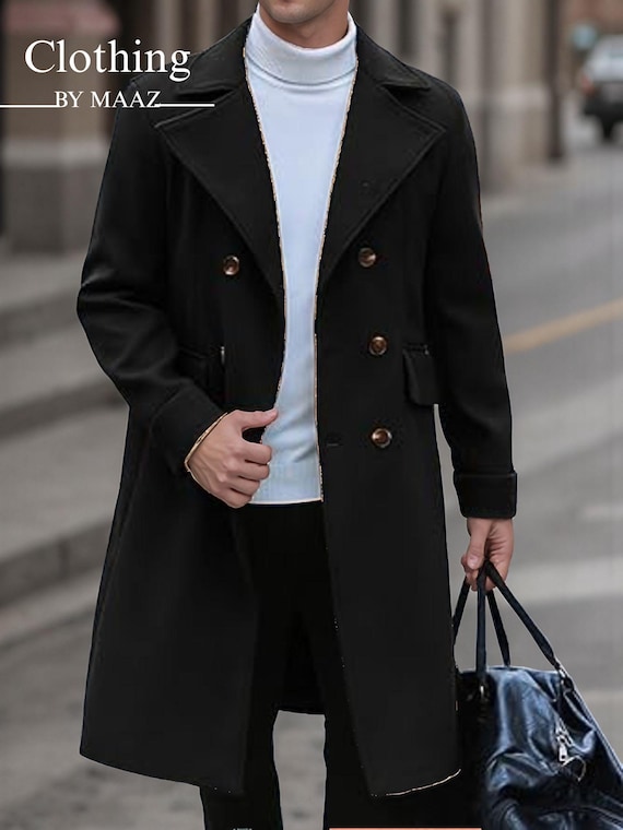 Handmade Victorian Wool Overcoat: Men's Long Black Winter Coat