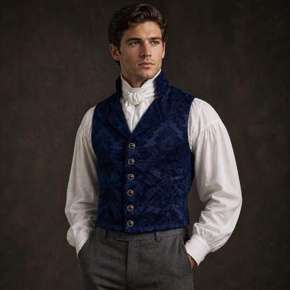 Navy Blue Brocade Victorian Waistcoat, Men's Regency Formal Wedding Vest