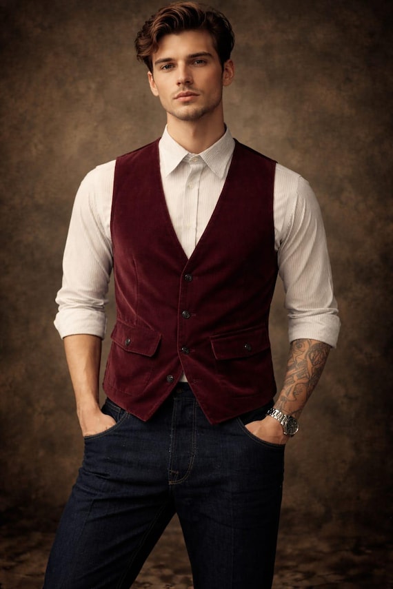 Men's Burgundy Cotton Slim Fit Vintage Style Vest, Tailored Formal Casual Waistcoat