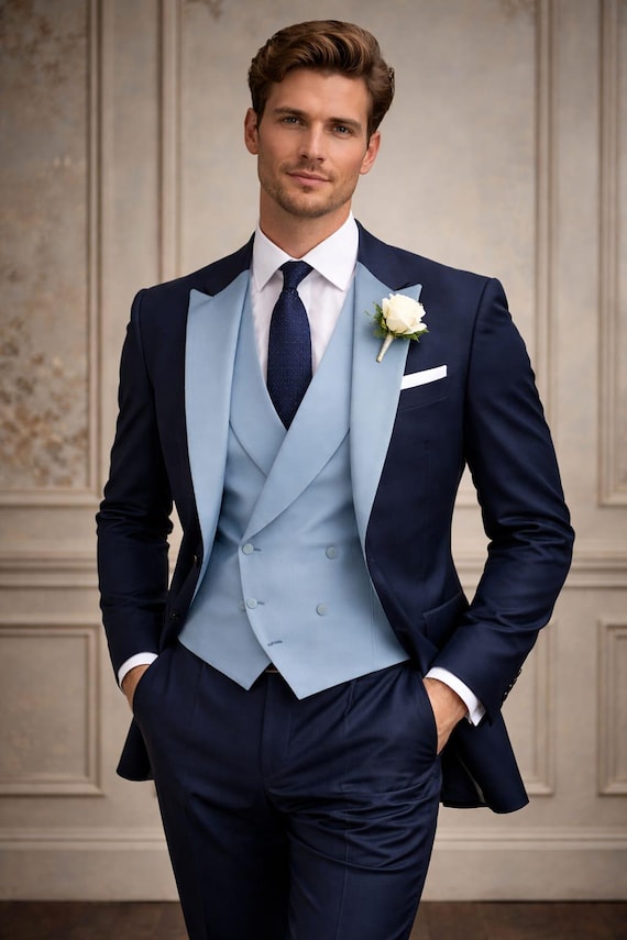 Navy Blue 3-Piece Wedding Suit, Light Blue Double-Breasted Waistcoat, Groom Formal Attire