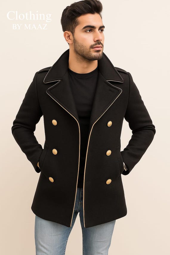 Handmade Wool Blend Peacoat | Men's Double Breasted Winter Coat | Christmis Gift