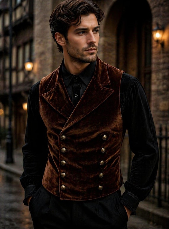 Brown Velvet Double Breasted Waistcoat, Victorian Style Formal Wedding Vest