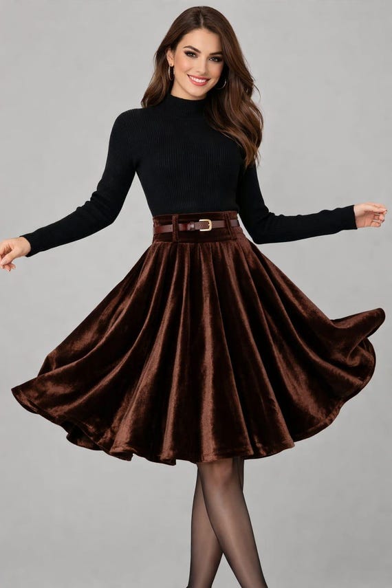 Brown Velvet Midi Skirt, High Waist Flared A-Line, Vintage Retro Style
