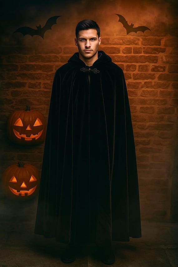 Black Velvet Hooded Cloak, Halloween Costume Cape