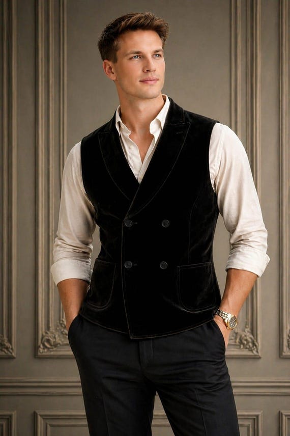 Men's Black Velvet Double Breasted Vest, Slim Fit Formal Evening Wear