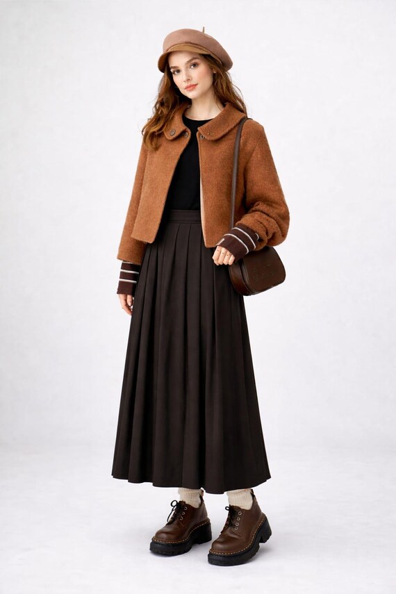 Vintage Brown Wool Cropped Jacket, Retro Minimalist Short Coat, Casual Chic Ladies Fall Winter