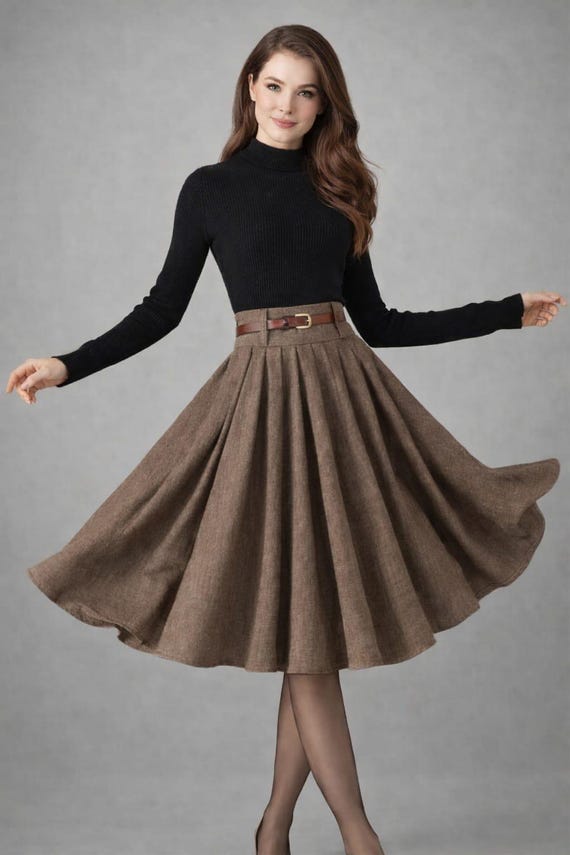 Vintage Brown Wool Midi Skirt, High Waist A-Line Pleated Skirt