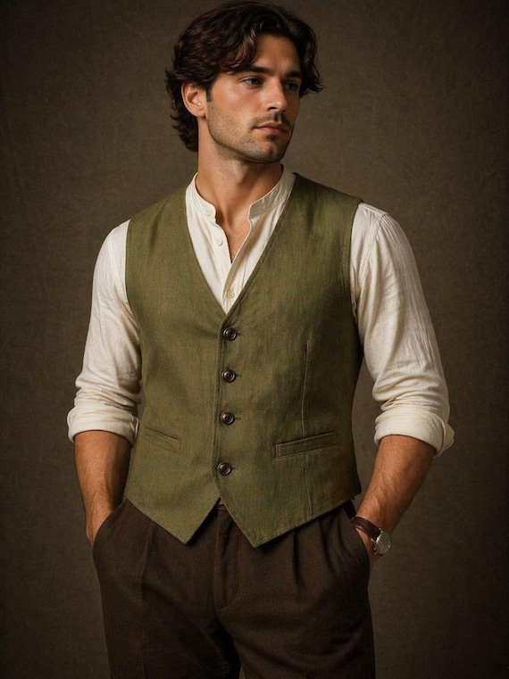 Men's Olive Green Linen Vest, Rustic Wedding Groom, Boho Tailored Waistcoat
