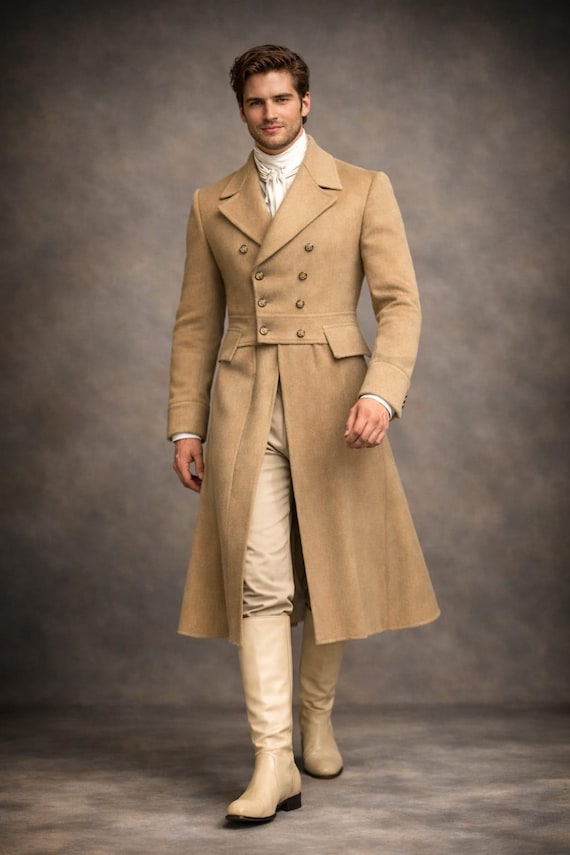 Men's Beige Wool Overcoat – Double Breasted Victorian Frock Coat, Regency Steampunk Style