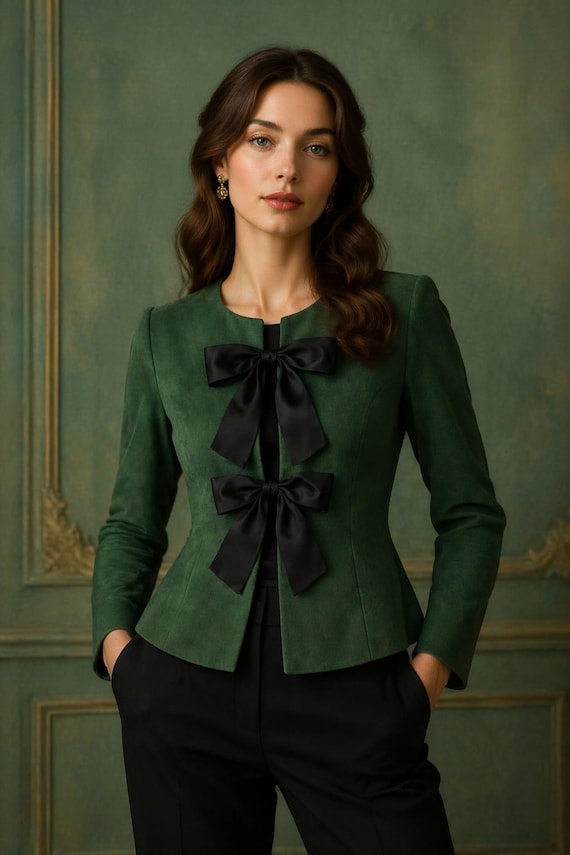 Emerald Green Victorian Peplum Jacket, Black Bow Closure Blazer