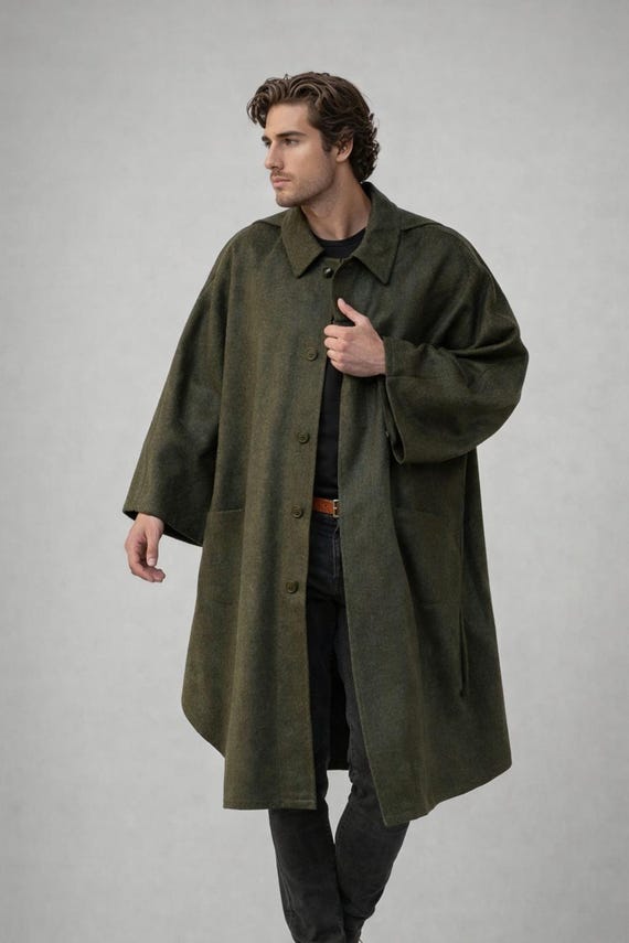 Handmade Victorian Green Loden Wool Cape Coat: Men's Winter Outerwear