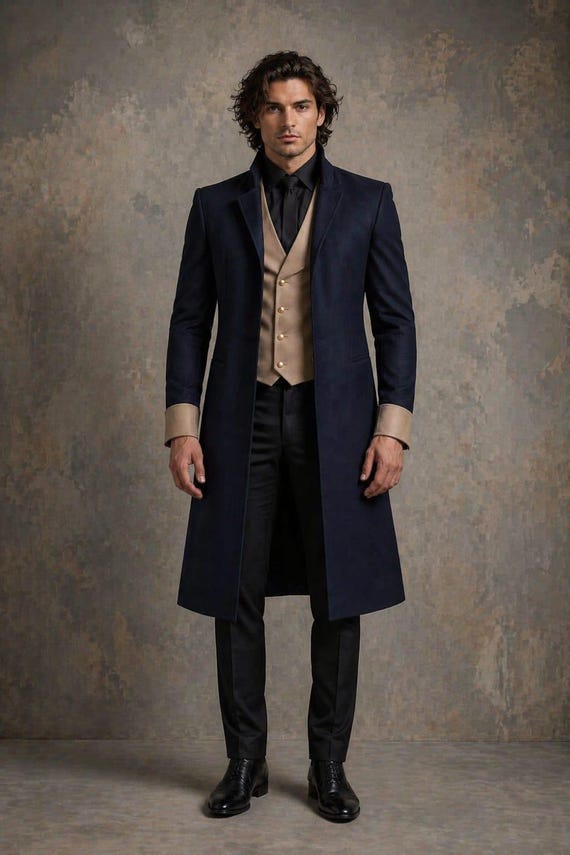 Men's Navy Victorian Tailcoat Suit, Beige Waistcoat, Formal Wedding Tuxedo Set