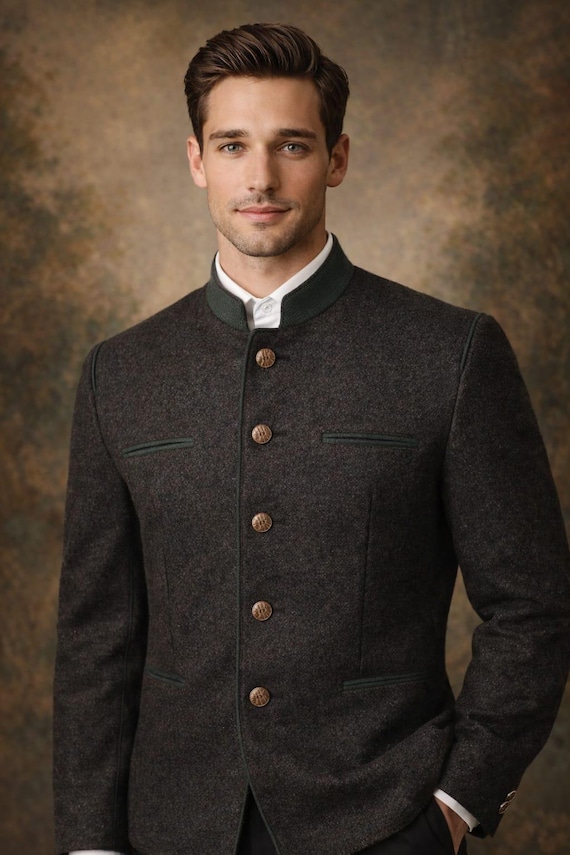 Men's Charcoal Grey Loden Wool Alpine Jacket – Traditional Bavarian Trachten Blazer