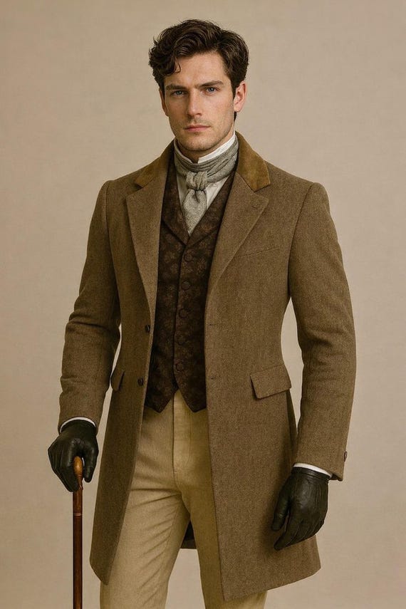 Men's Brown Wool Blend Victorian Overcoat – Edwardian Style Gentleman Winter Coat