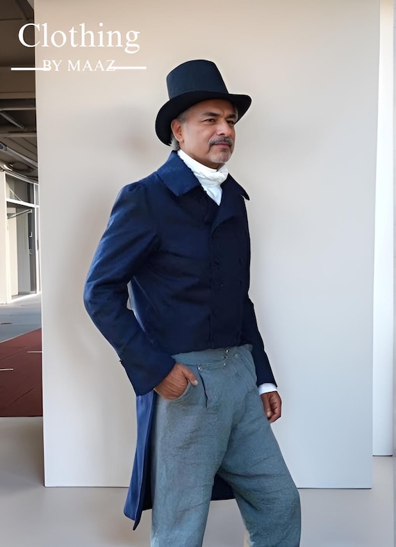 Handmade Navy Wool Regency Tailcoat: 1830s-50s Style