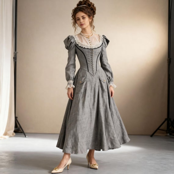 Victorian Linen Dress, Edwardian Corset Gown, Historical Costume