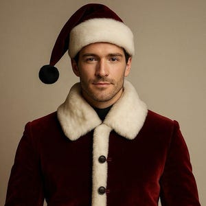May include: A burgundy velvet Santa Claus suit with a white faux fur collar and trim. The suit includes a matching hat with a white brim and a black pom-pom. The outfit is buttoned up and appears to be made of a soft, luxurious material.