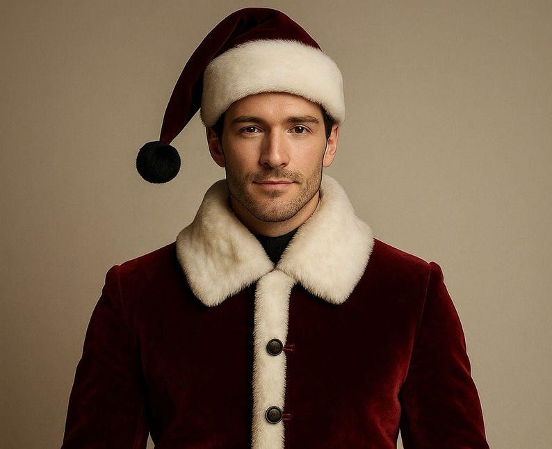 May include: A burgundy velvet Santa Claus suit with a white faux fur collar and trim. The suit includes a matching hat with a white brim and a black pom-pom. The outfit is buttoned up and appears to be made of a soft, luxurious material.