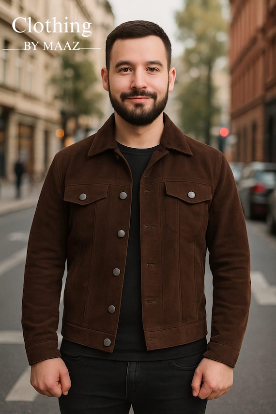 Handmade Dark Brown Suede Leather Jacket - Slim Fit Lambskin