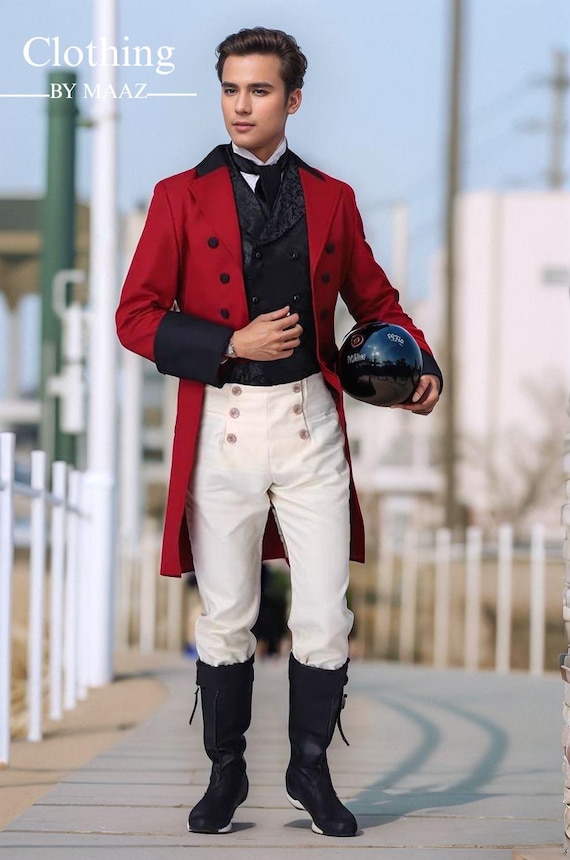 Handmade Men's Red Wool Victorian Tailcoat: 18th Century Regency Style