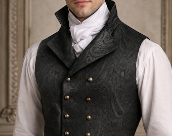 Black Brocade Double Breasted Victorian Waistcoat, Gothic Steampunk Formal Vest