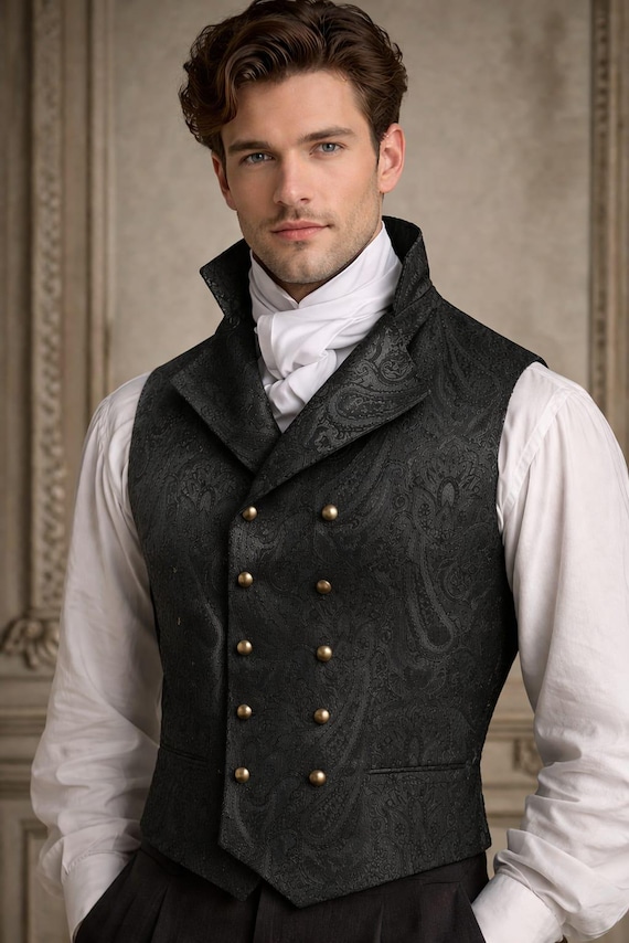 Black Brocade Double Breasted Victorian Waistcoat, Gothic Steampunk Formal Vest