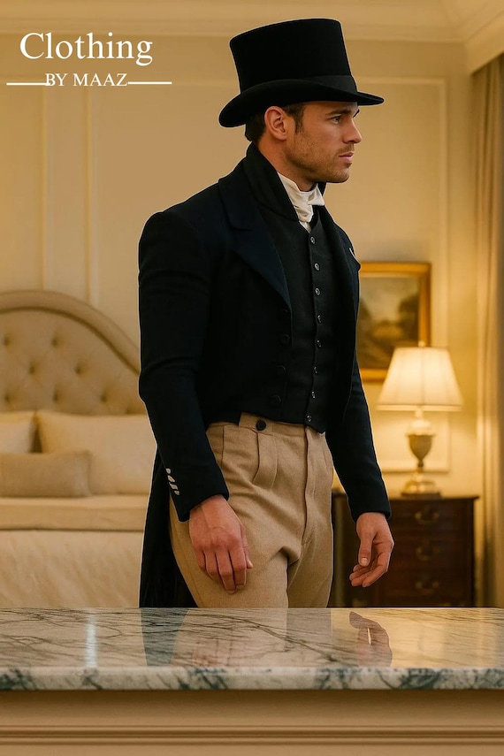 Handmade Navy Blue Wool Regency Tailcoat: Victorian Outfit