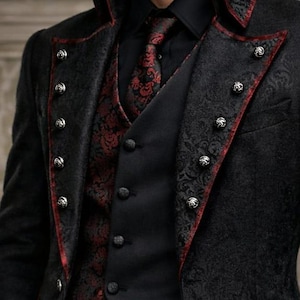 Men’s Gothic Black Victorian Coat – Steampunk Tailcoat Jacket with Red Brocade Vest – Vampire Wedding Long Blazer Costume