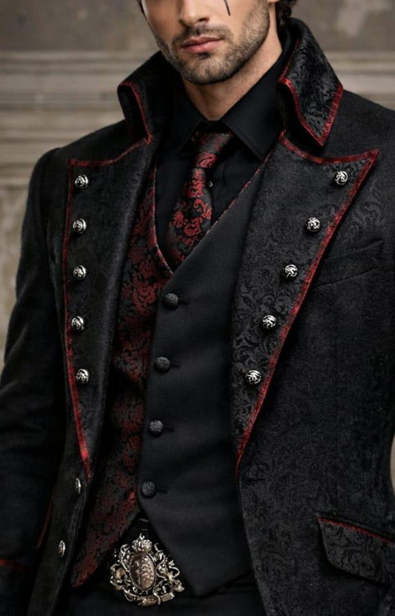 Men’s Gothic Black Victorian Coat – Steampunk Tailcoat Jacket with Red Brocade Vest – Vampire Wedding Long Blazer Costume