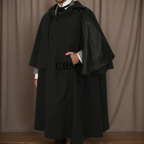 Men's Black Victorian Inverness Cape Coat: Wool Blend Winter Outerwear