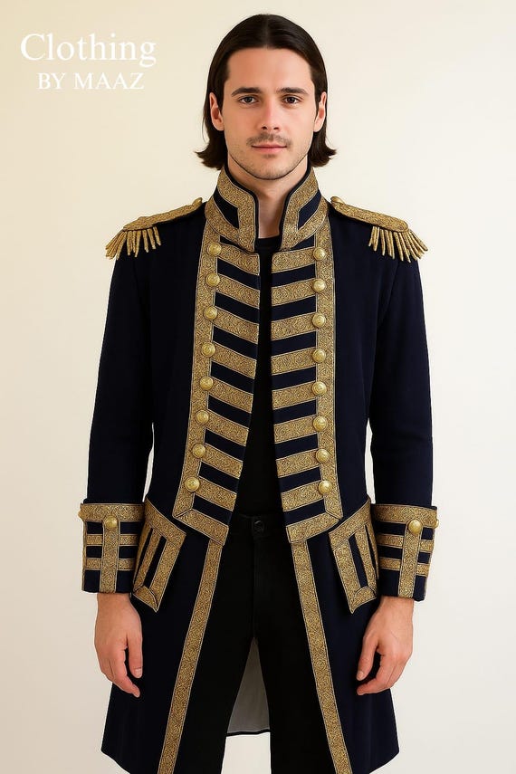 Handmade Black Military Coat | Men's Gold Embroidered Wool Tailcoat | Victorian Steampunk Jacket