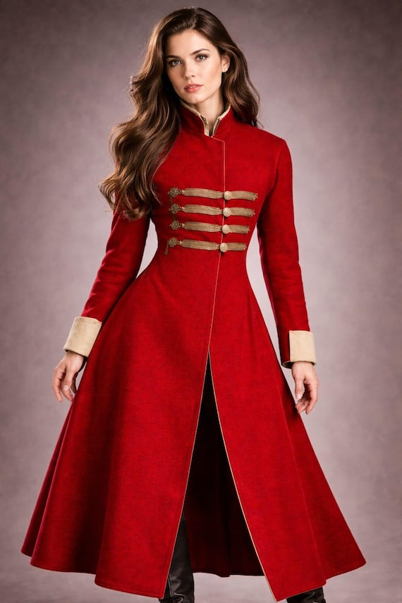 Women Victorian Red Wool Coat ,  Military Style Long Winter Coat , Historical Steampunk Jacket , Renaissance Cosplay Outfit , Custom Made