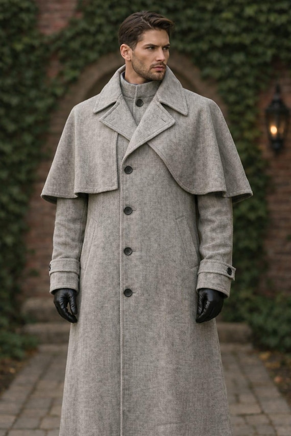 Men's Grey Wool Cape Coat – Victorian Steampunk Overcoat