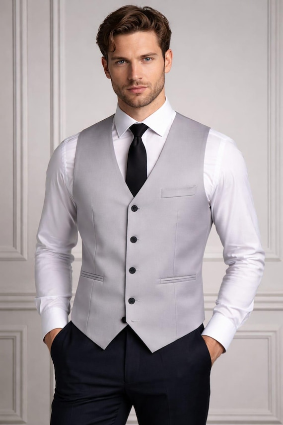 Men's Light Grey Slim Fit Formal Wedding Suit Vest Tailored Business Waistcoat
