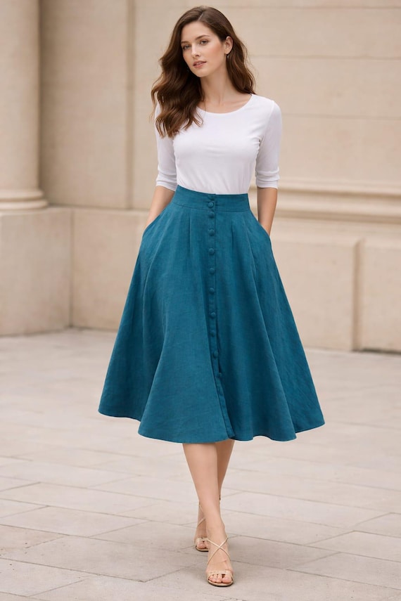 Teal Linen Midi Skirt, High Waist A-Line, Button Front with Pockets