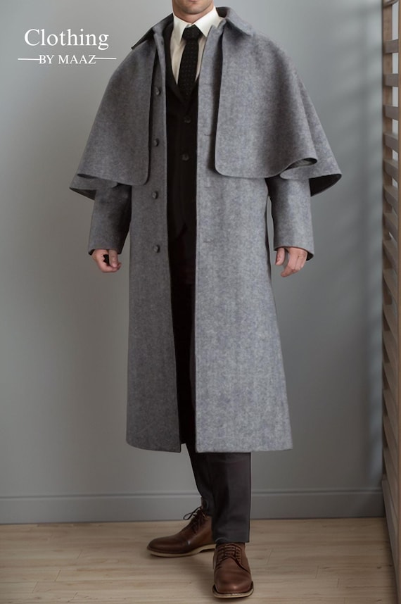 Handmade Men's Gray Wool Inverness Cape Coat: Victorian Outerwear