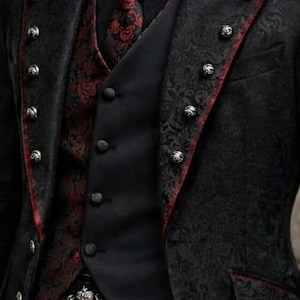 Men’s Gothic Black Victorian Coat – Steampunk Tailcoat Jacket with Red Brocade Vest – Vampire Wedding Long Blazer Costume
