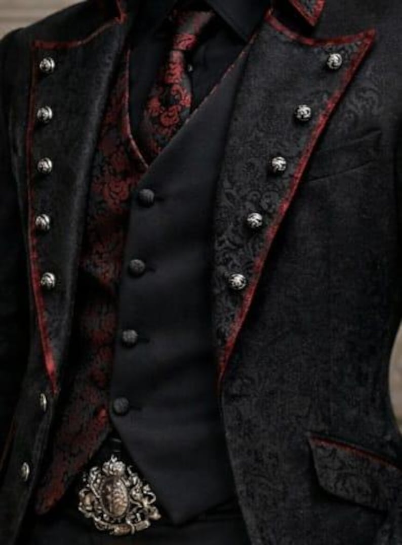 Men’s Gothic Black Victorian Coat – Steampunk Tailcoat Jacket with Red Brocade Vest – Vampire Wedding Long Blazer Costume