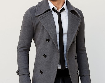 Men's Grey Wool Blend Trench Coat | Double Breasted Overcoat | Stylish Formal Gift Coat