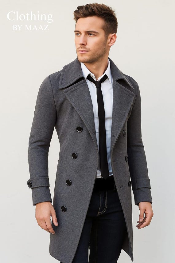 Men's Grey Wool Blend Trench Coat | Double Breasted Overcoat | Stylish Formal Gift Coat
