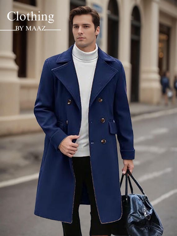 Handmade Victorian Blue Wool Overcoat: Men's Winter Outerwear