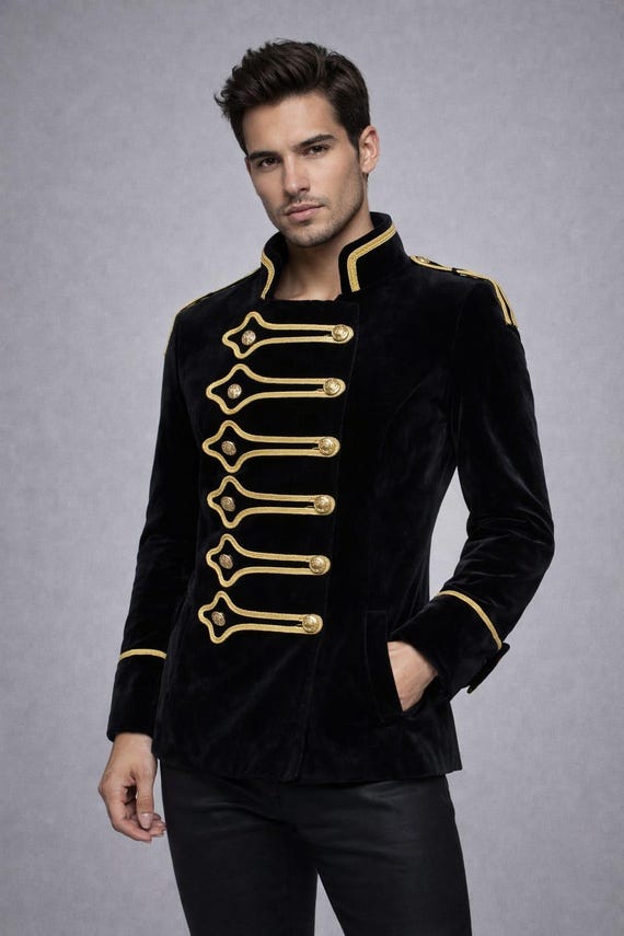 Men's Black Velvet Military Jacket, Gold Button Gothic Hussar Coat