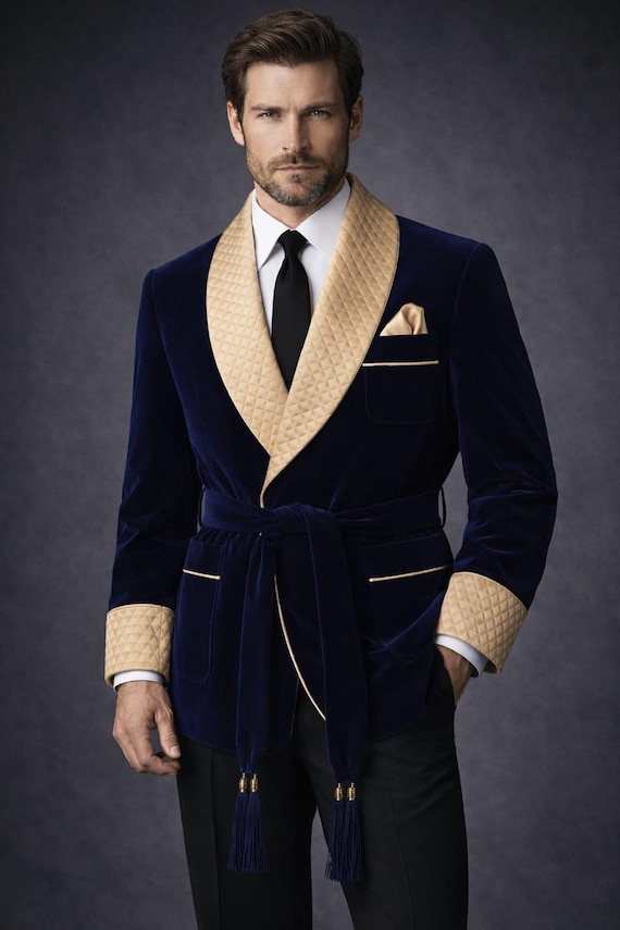Men’s Velvet Smoking Jacket Robe – Luxury Quilted Shawl Collar Dressing Gown , Vintage Victorian Gentleman Lounge Wear